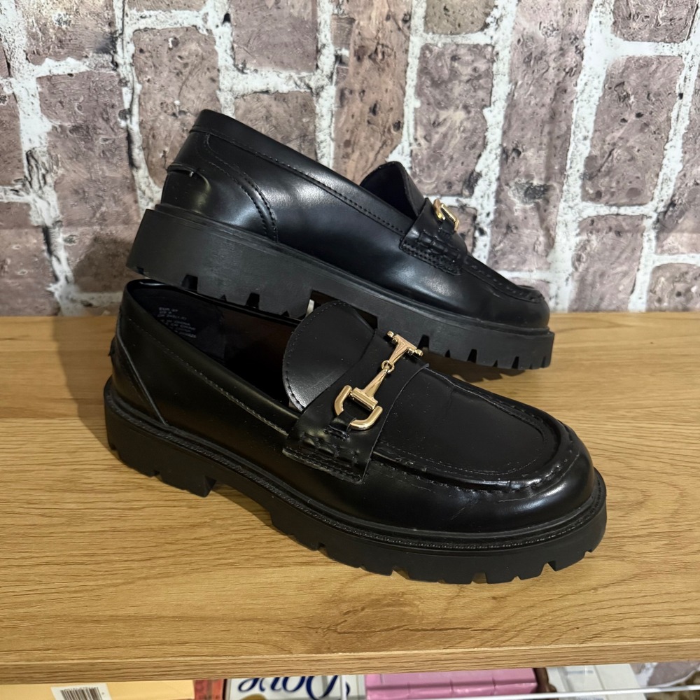H&M Chunky Lug Sole Loafers Women 8.5~39 Black Gold Bit Dark Academia Preppy